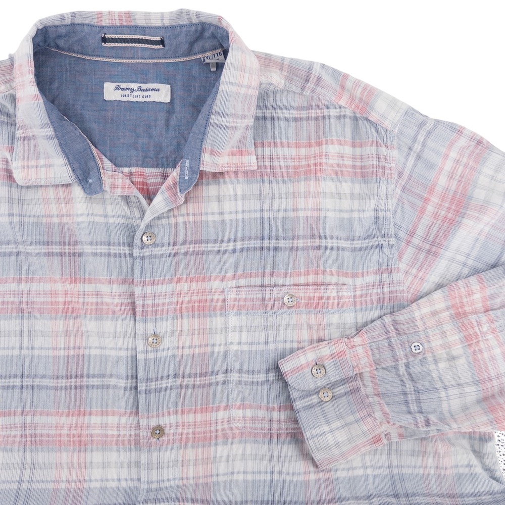 Tommy Bahama Mens XXL Coastline Cord Button Down Shirt Blue Pink Plaid Coastal